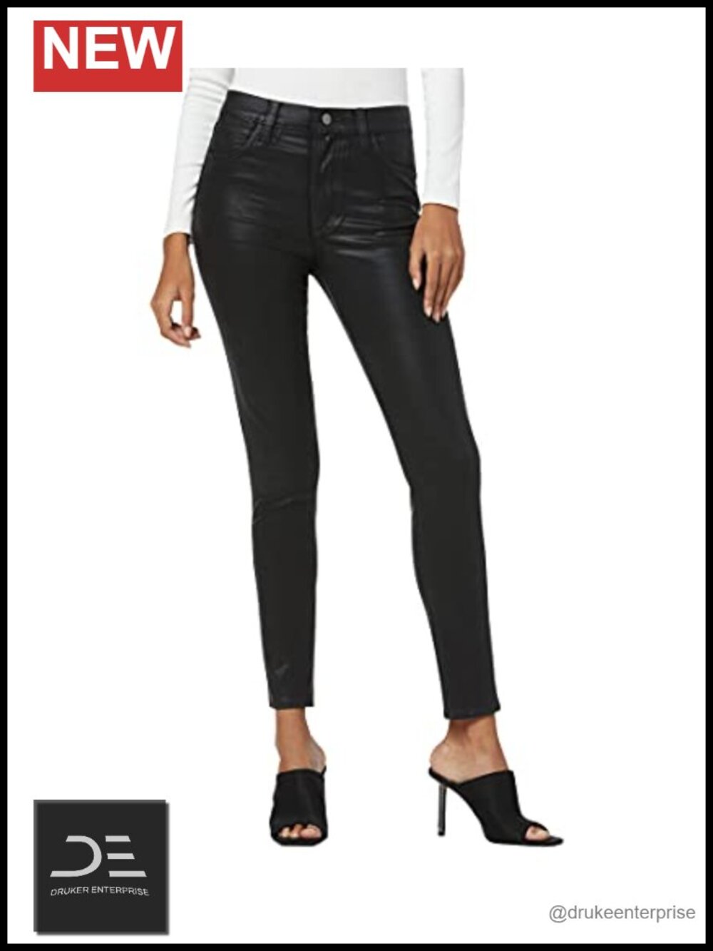 High Rise Skinny Ankle Jeans with Coated Finish & Stretch